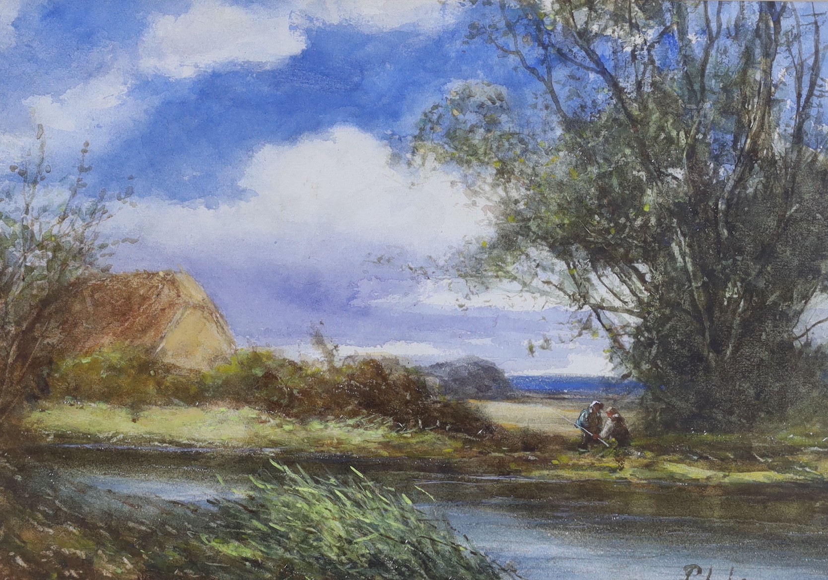 Percy Leslie Lara (b.1871), watercolour, River landscape with anglers, signed, 26 x 37cm